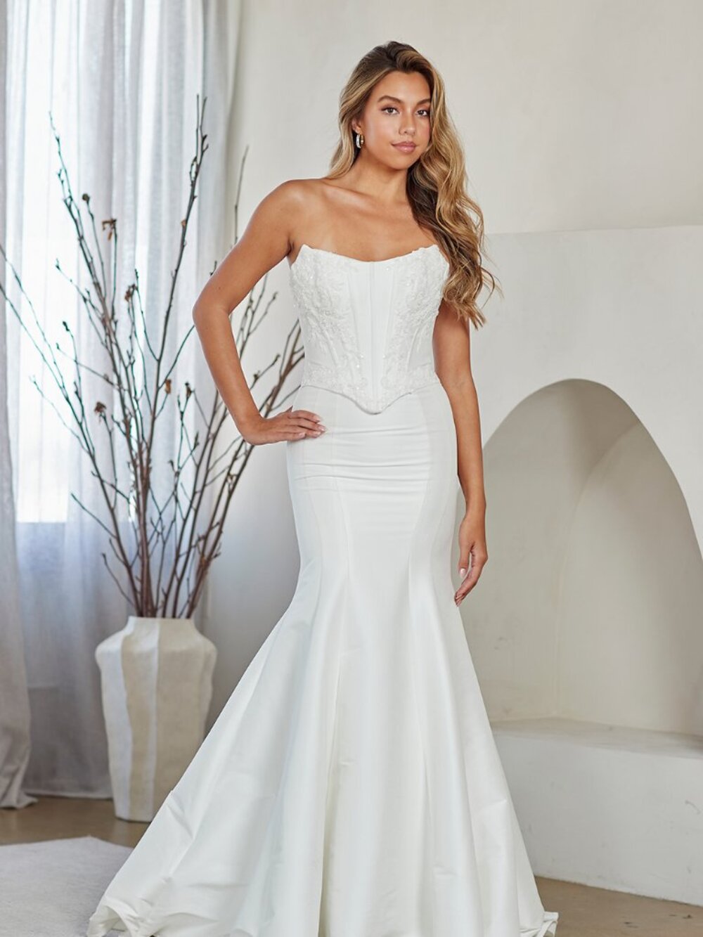 New White Elegant Strapless Mermaid Gown w/ Corset Bodice & Lace up Back AC 8080